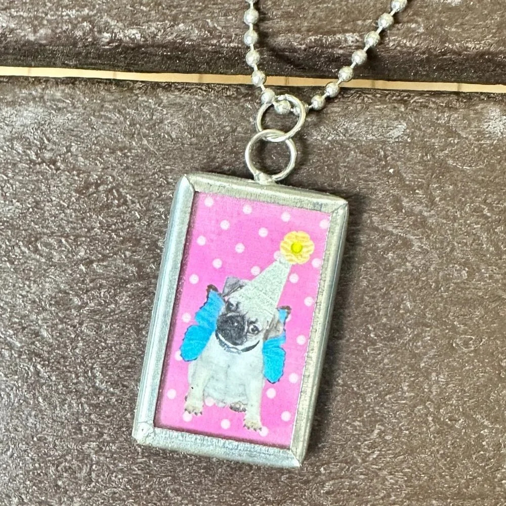 Pug in Hat Silver Frame Necklace Pendant Charm Beaded Chain